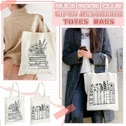 Sweetude 8 Pcs Christmas Book Lovers Club Gifts Bulk Canvas Tote Bags Bookish Librarian Reader Gift for Women Teacher Present(Basic Style)