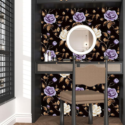 Golden Floral Wallpaper Peel and Stick Vintage Purple Gold Rose Contact Paper Self Adhesive Removable Retro Dark Flower Wall Mural for Bedroom Walls Shelves Cabinet Table Decor 17.5" x 118"