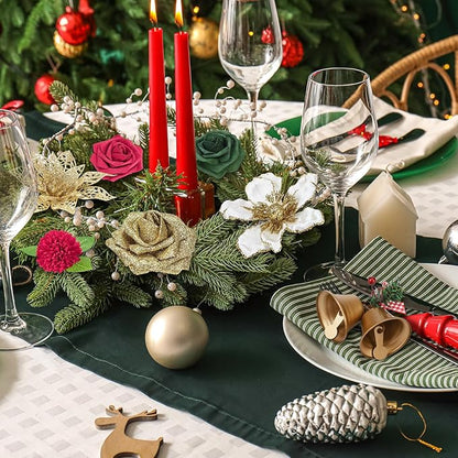 Jspupifip Christmas Artificial Flowers Combo Box Gold, Red, Green Fake Silk Roses Mix Dahlia Poinsettias for DIY Wedding Bridal Shower Boho Cake Decorations Floral Arrangements Centerpieces