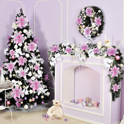 Geosar 36 Pcs Christmas Glitter Artificial Poinsettia Flowers Xmas Poinsettia Artificial Wedding Flowers Decorations Xmas Tree Ornaments with Clips for Party, 6 Inch, 4 Inch, 3 Inch(Pink and Silver)