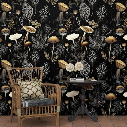 Boho Wallpaper Peel and Stick Dark Floral Contact Paper 17.5" x 197" Vinyl Self Adhesive Vintage Mushrooms Wall Mural Leaf Wall Paper for Room Countertop Drawer Decor(Golden,Black)