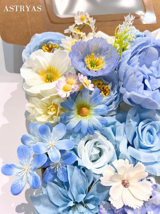 ASTRYAS Blue Artificial Flowers Combo Box Set, Baby Blue Silk Peonies Dahlia Roses with Stems for DIY Bridal Wedding Bouquets Baby Shower Floral Arrangements Centerpiece Table Party Home Decorations