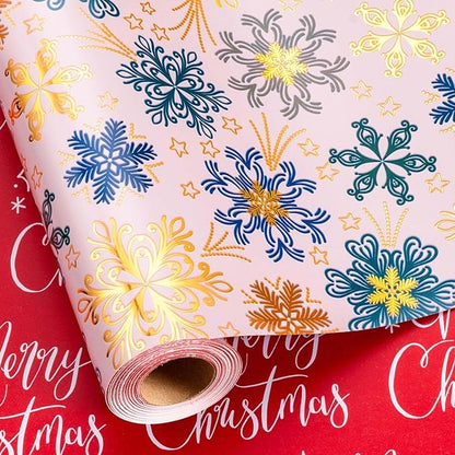 MAYPLUSS Christmas Wrapping Paper - 17 Inch X 33 Feet - Gold Snowflakes Against Pink Reversible Merry Christmas Gift Wrapping Paper, Metallic Foil Thick Gift Wrap Paper for Holiday Party New Year Kids
