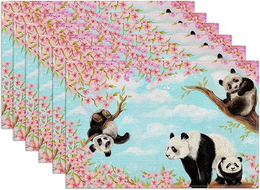 Cute Panda Placemats Set of 6, Sakura Tree Linen Place Mat Washable Stain Resistant Table Mats for Farmhouse Kitchen Dining Holiday Party Wedding Decor 12x18 Inch