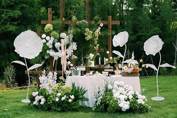 White Giant Flowers with Stand - 3 Metal Base Giant Paper Flower Flexible Big Flowers Decor for Birthday Party Baby Show Wedding Art Exhibition