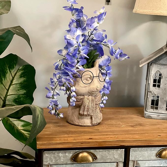 Bespectacled Fox Cement Vase 8.25 Inch – Gold Accents, Knit Textured Scarf, Real Wire Glasses, Whimsical Animal Decor, Distressed Taupe Planter for Indoor Plants, Unique Gift for Home or Office