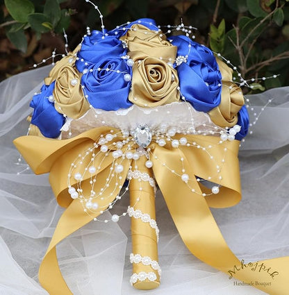 Bridal Wedding Bouquet Round Bling Brooch Bouquet Throw Toss Artificial Rose Flower Bunch for Bride Bridesmaid Wedding Quinceanera(Royal Blue & Gold, 9.8")