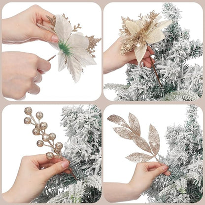 60 Pcs Christmas Glitter Branches 6 Styles Artificial Christmas Picks Berries Stems Poinsettia Flowers Pine Needles Floral Twig Spray for Xmas Tree Ornaments DIY Wreath Garland(Champagne)
