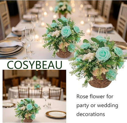 Artificial Rose Flowers 25pcs, Cyan Foam Fake Rose Faux Flower for Wedding Bouquets Bridal Shower Centerpieces Floral Arrangements Home Decorations Party Backdrops Table