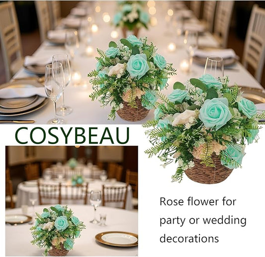 Artificial Rose Flowers 25pcs, Cyan Foam Fake Rose Faux Flower for Wedding Bouquets Bridal Shower Centerpieces Floral Arrangements Home Decorations Party Backdrops Table