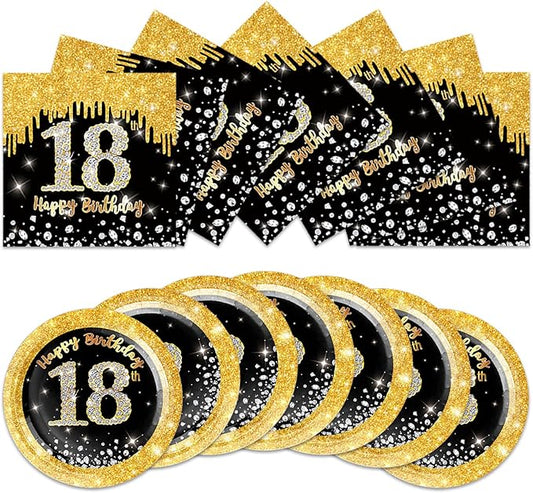 40Pcs 18th Birthday Decorations for Boys Girls Black and Gold Party Decorations for Birthdays Decor Happy Birthday Plates and Napkins Set Party Supplies for Men Women