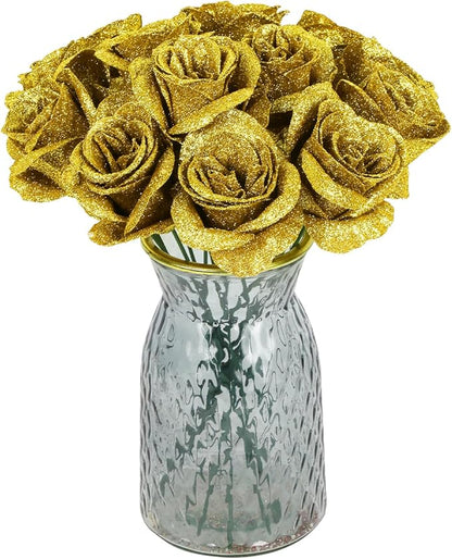 Gold Roses Artificial Flowers,30PCS Glitter Roses Bouquet Faux Roses with Stems for DIY Crafts Wedding Bouquet Party Home Decor(Gold)