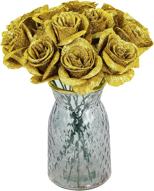 Gold Roses Artificial Flowers,30PCS Glitter Roses Bouquet Faux Roses with Stems for DIY Crafts Wedding Bouquet Party Home Decor(Gold)