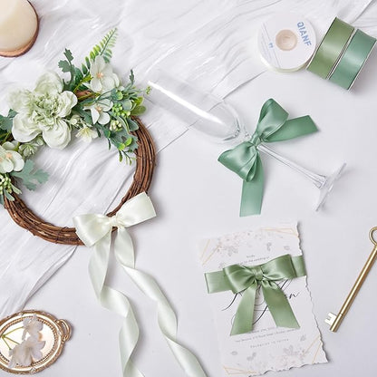Sage Green Double Face Satin Ribbon 1 Inch x 45 Yards Moss Green Cream Fabric Ribbon for Gift Wrapping, Flower Bouquets Bows Making, Wedding Decoration, Invitations, Christmas (3 Rolls *15Yd)