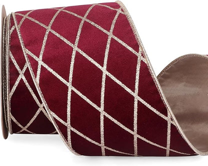 Ribbli Burgundy Velvet Ribbon Wired with Glitter Diamond Grid 4 Inch Christmas Ribbon for Christmas Tree Decoration Big Bow Gift Wrapping Crafts Wreaths Garland Supplies - 10 Yards