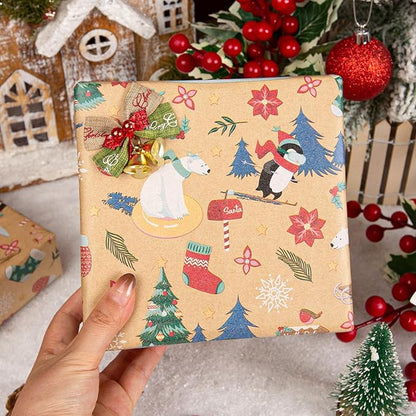 MAYPLUSS Christmas Wrapping Paper Roll - 17IN X 33FT - Kraft Gift Wrapping Paper Featuring Cute Polar Bear Penguin Christmas Tree Holly Reversible Cut Lines for Kids, Holiday, New Year