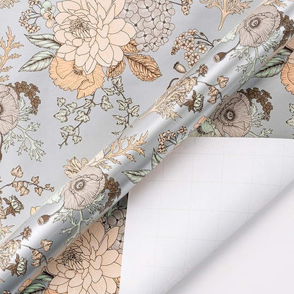 WRAPAHOLIC 30 Inch Floral Wrapping Paper - 30 Inch X 33 Feet - Pearlized Silver Vintage Floral Wedding Wrapping Paper for Birthday, Bridal Shower, Baby Shower