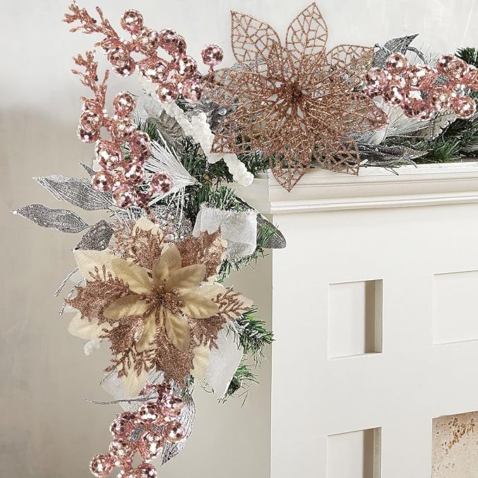 24Pcs Christmas Poinsettia Artificial Flowers and Glitter Berries Kit, 2 Styles Total 16Pcs Christmas Tree Flowers Ornaments, 8Pcs Christmas Tree Picks for Wedding Holiday Decorations, Rose Gold