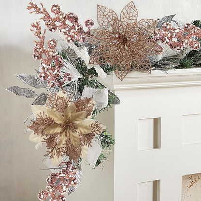 24Pcs Christmas Poinsettia Artificial Flowers and Glitter Berries Kit, 2 Styles Total 16Pcs Christmas Tree Flowers Ornaments, 8Pcs Christmas Tree Picks for Wedding Holiday Decorations, Rose Gold