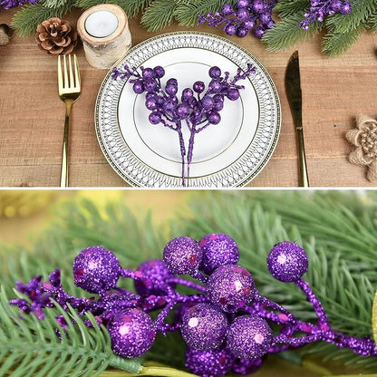 Lvydec 16pcs Christmas Glitter Berry Stems, 7.8" Artificial Christmas Picks for Christmas Tree Ornaments, DIY Xmas Wreath, Crafts, Holiday and Home Decor (Dark Purple)