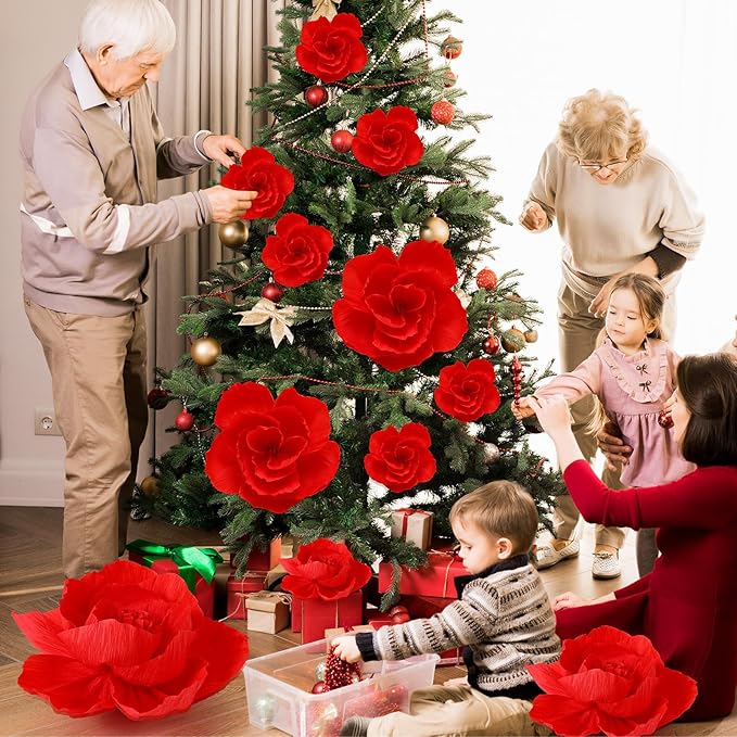 Giant Paper Flowers Artificial Large Paper Flower Decoration for Handcrafted Wall Backdrop Christmas Mexican Wedding Graduation Bridal Shower Birthday Party Supplies(Red,12 Pcs)