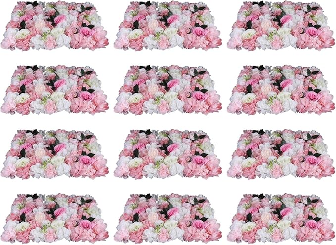 12 Pcs Artificial Flower Wall Panels 60x40cm 3D Flower Background for Wall, Wedding Flower Decorations Wall Silk Rose Panels for Candy Wall, Photo Areas, Stage Background Wall(Dahlia + Rose + Leaf)