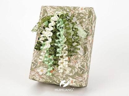 HUIHUANG Green Bows for Gift Wrapping Moss/Sage/Ivory Curly Bows with Self Adhesive & Twist Tie, 7 inch Sheer Satin Ribbon Bow for Presents, Gift Basket, Wedding Decor, Party Favors- 6 Counts