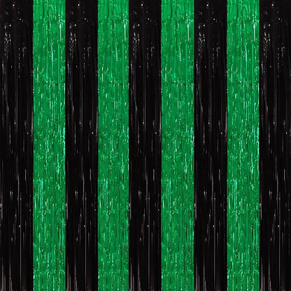 TONIFUL 2Pcs Black Green Door Streamers,Green Photo Booth Backdrop,Metallic Streamers Green Foil Fringe Curtains for Birthday,Christmas,New Year,St. Patrick's Day Party Streamers Decor