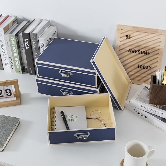 Soul & Lane Decorative Cardboard Storage Boxes with Lids and Label Holders - Set of 3, Memory Boxes for Keepsakes, Office Photo Storage for Pictures, Photo Albums, Documents, Stationery, Heritage Blue