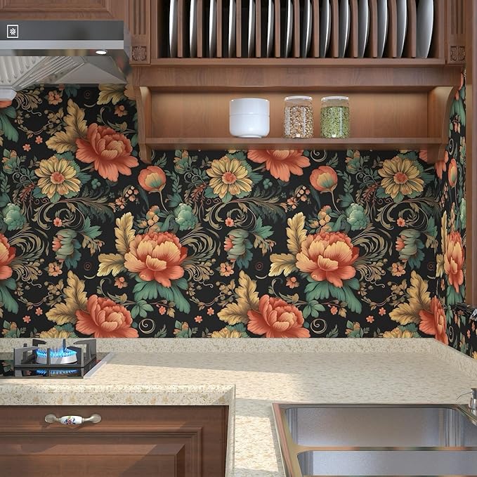 Vintage Floral Peel and Stick Wallpaper Vibrant Flower Contact Paper Boho Wallpaper for Bedroom Bathroom Shelf Liner Removable Black 17.5 x 78.5In