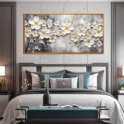 White Flower Art for Walls In Living Room - Office Wall Decor for Women - Wooden Framed Wall Art for Bedroom Size 29" x 59"