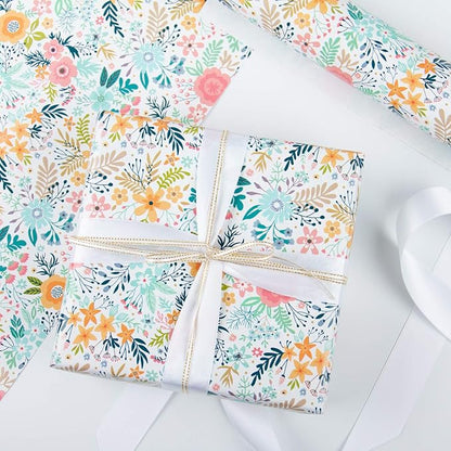 WRAPAHOLIC Floral Wrapping Paper Roll - Mini Roll - 17 Inch x 33 Feet - Spring Summer Garden Flower Design Perfect for Wedding, Bridal Shower, Birthday, Baby Shower