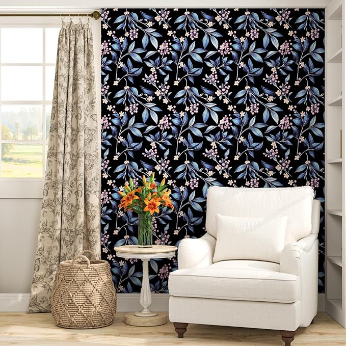 Dark Peel and Stick Wallpaper Vintage, Black Blue Leaf Removable Self-Adhesive Vinyl Contact Paper for Bathroom Bedroom Drawer Cabinet, Black Navy Gold Floral Design Retro Style 17.5" x 118"