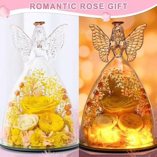 Christmas Rose Gifts for Women Preserved Real Flower in Glass Angel Figurines Roses for Delivery Prime Birthday Gifts for Mom Grandma Girlfriend Wife Her,Yellow Austin Roses