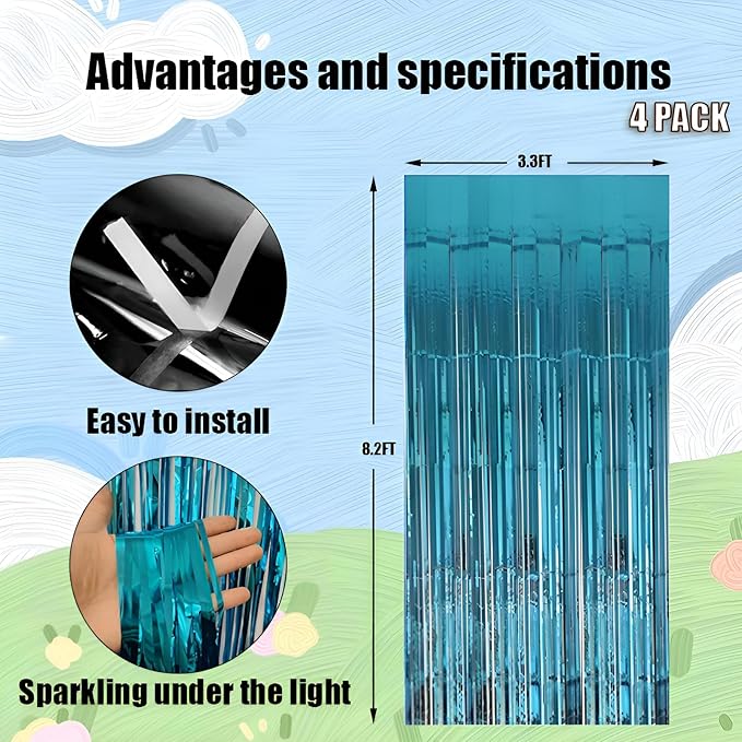 Keyali 4 Pack 3.3 * 8.3 ft Foil Curtain Metallic Tinsel Fringe Curtains Photo Booth Props Backdrop for Birthday Wedding Engagement Baby Shower Christmas Holiday Celebration Partyl,Light Blue