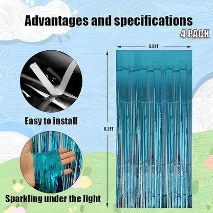 Keyali 4 Pack 3.3 * 8.3 ft Foil Curtain Metallic Tinsel Fringe Curtains Photo Booth Props Backdrop for Birthday Wedding Engagement Baby Shower Christmas Holiday Celebration Partyl,Light Blue