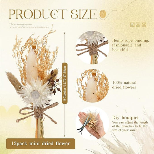 Layhit 12 Pack Boho Dried Flower Bouquet Mini Wedding Handmade Dry Flowers Decor for Vase Crafts DIY Photo Boutonniere for Men Floral Plant for Bridesmaid Gift Birthday Decor(Rustic)