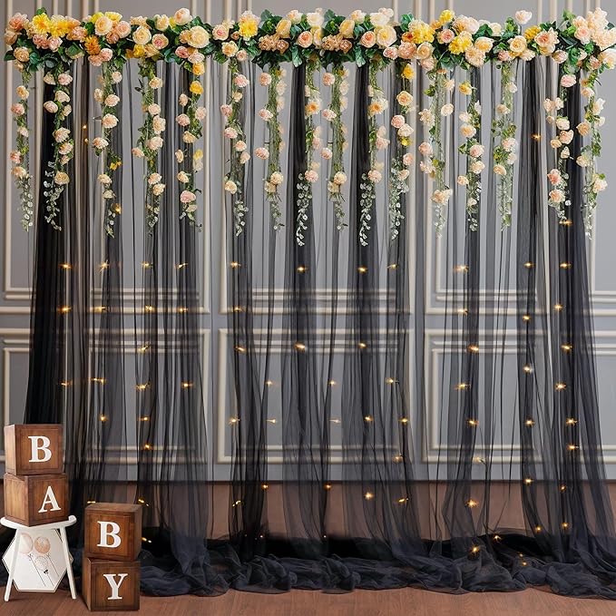 30x10ft Black Tulle Backdrop Curtain with Lights String for Parites, Sheer Backdrop Curtains for Wedding Baby Shower Birthday Party Photo Shoot Decorations