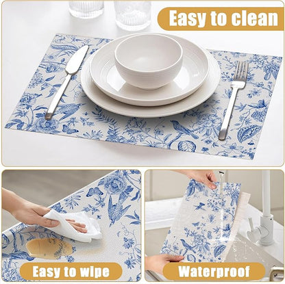 Spring Vintage Bird Placemats Set of 6, Chinoiserie Flower Linen Place Mat Washable Stain Resistant Table Mats for Farmhouse Kitchen 12x18 Inch