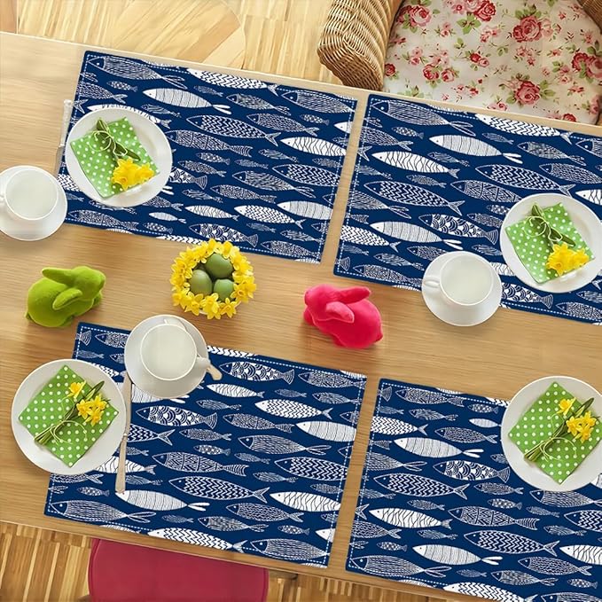 Japanese Fish Placemats Set of 6, Blue Fishing Country Double-Sided Table Mats for Kitchen Dining Room Home Party Indoor Decor 6 PCS 12x18 Inch