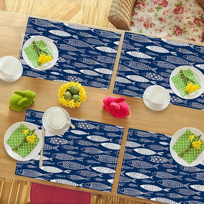 Japanese Fish Placemats Set of 6, Blue Fishing Country Double-Sided Table Mats for Kitchen Dining Room Home Party Indoor Decor 6 PCS 12x18 Inch