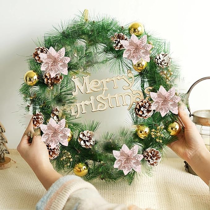 Zhuqing 15Pcs Christmas Poinsettia Artificial Flowers Decorations, Glitter Poinsettia Christmas Tree Ornaments, Rosegold Tree Flower for Xmas/Party/Holiday/Wreath/Garland Decor, with Cilps, 5.5 Inch