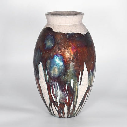 RAAQUU Large Oval Ceramic Half Copper Matte Vase S/N0000186 13.5" Raku Clay Pottery Handcrafted Art Home Décor Table Centerpiece Unique Gift for Her, Mom