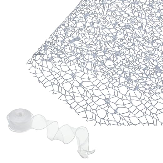 PATIKIL Flower Wrapping Mesh Paper, 15ft Floral Bouquet Craft Packaging Hollow Net Yarn with Ribbon for Flowers Gift Packaging, Grey Blue