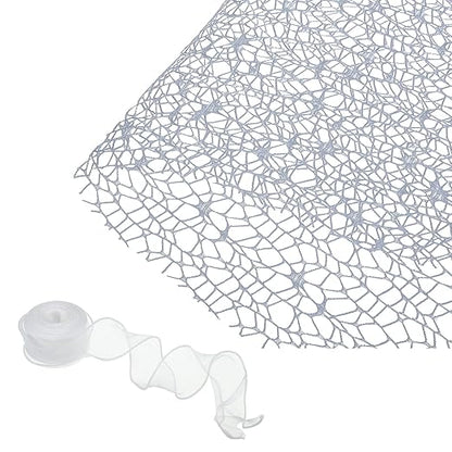 PATIKIL Flower Wrapping Mesh Paper, 15ft Floral Bouquet Craft Packaging Hollow Net Yarn with Ribbon for Flowers Gift Packaging, Grey Blue
