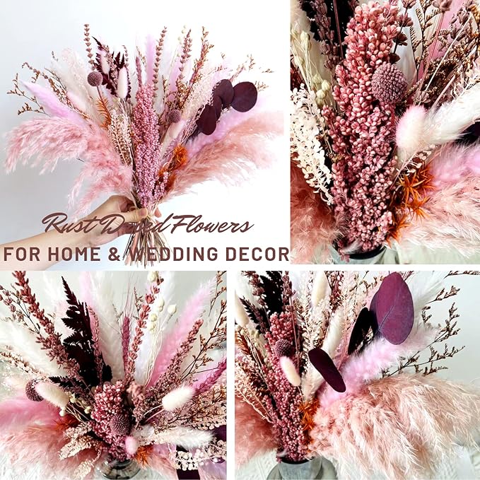 Pampas Grass Decor, Fall Dried Flowers Bouquet - Lavender, Bunny Tails, Eucalyptus & Preserved Flowers for Vases - Rustic Floral Arrangements for Home Wedding Table Centerpiece
