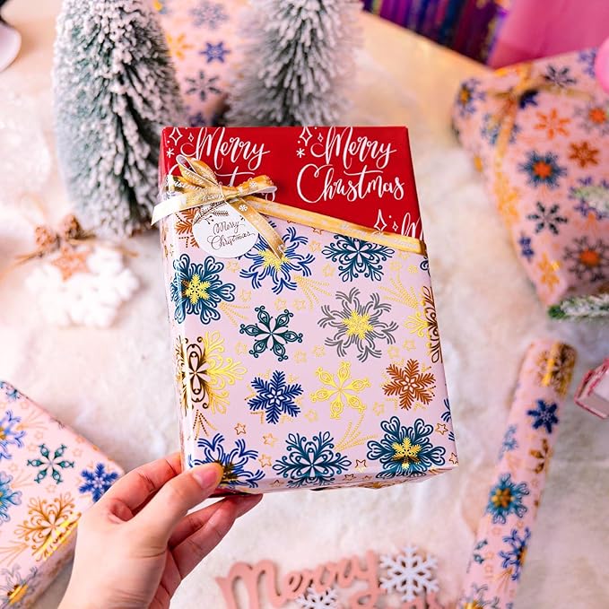 MAYPLUSS Christmas Wrapping Paper - 17 Inch X 33 Feet - Gold Snowflakes Against Pink Reversible Merry Christmas Gift Wrapping Paper, Metallic Foil Thick Gift Wrap Paper for Holiday Party New Year Kids