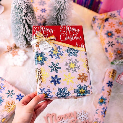 MAYPLUSS Christmas Wrapping Paper - 17 Inch X 33 Feet - Gold Snowflakes Against Pink Reversible Merry Christmas Gift Wrapping Paper, Metallic Foil Thick Gift Wrap Paper for Holiday Party New Year Kids