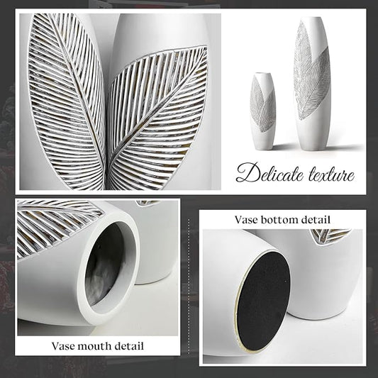 Modern Large Floor Vase White Home Decor Flower Vases 17.7 Inch Tall Resin Vase Tree Leaf Texture Decor Vases for Entryway Living Room Mantel
