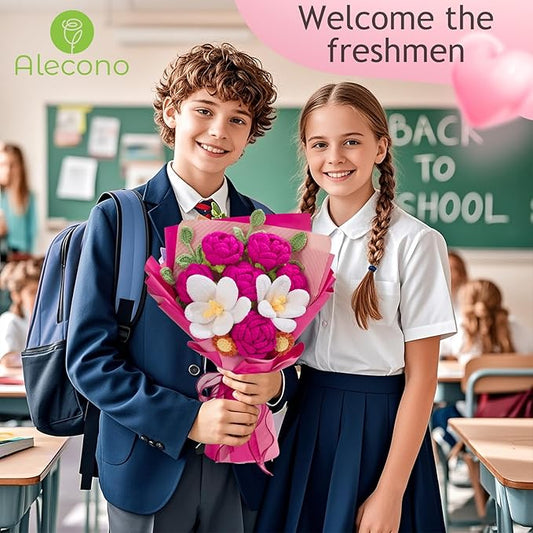 Alecono Crochet Flower Bouquet, Hot Pink Knitted Flowers, Crochet Tulip Rose Flower for Lover Anniversary Birthday Party Mother's Day Graduation Gifts (Include Card)